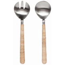 Danica Heirloom 2-Piece Salad Servers Set | Matte Steel & Rattan