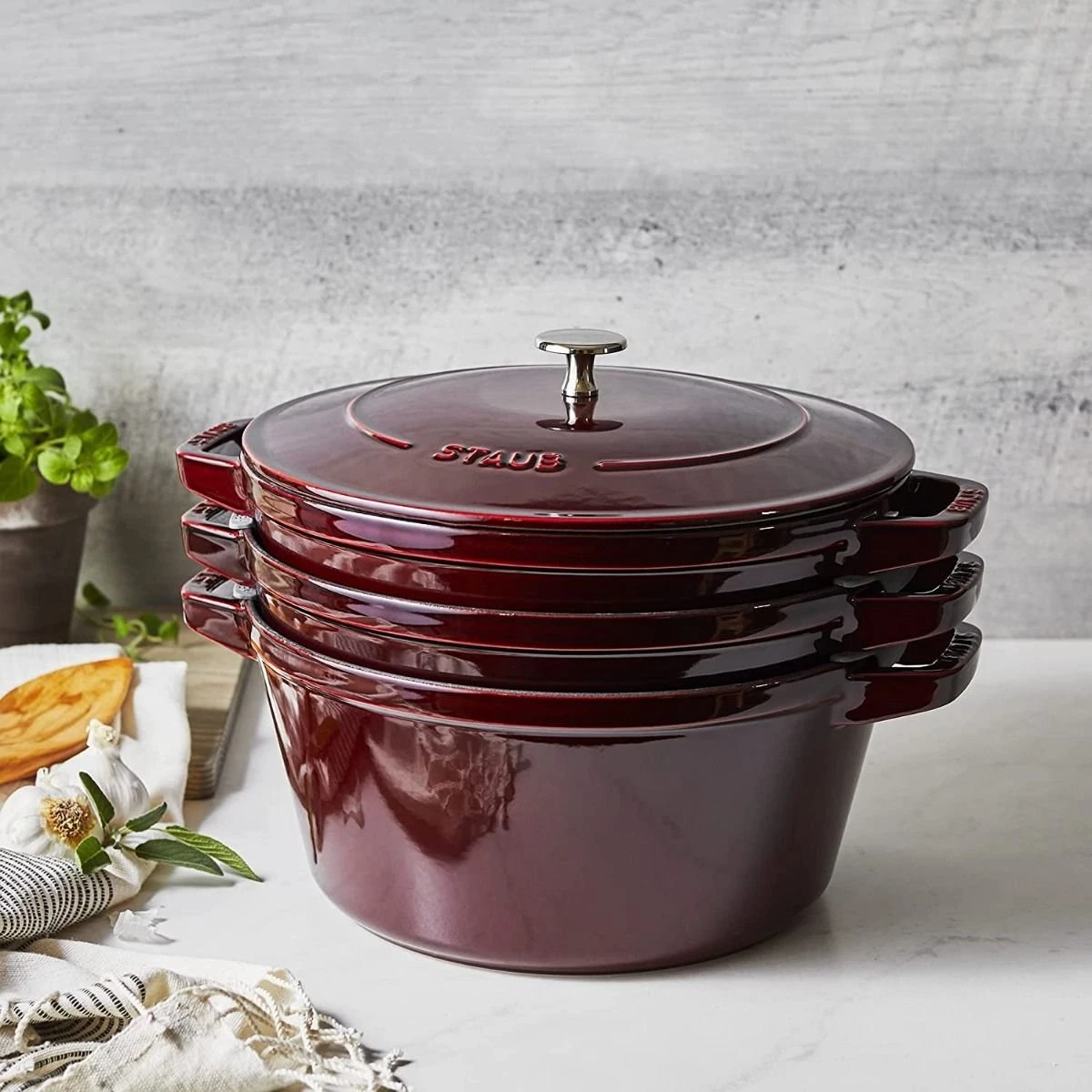Staub Stackable Cocotte, Braiser, And Grill Pan With Lid | Grenadine 12 Staub Stackable Cocotte, Braiser, And Grill Pan With Lid | Grenadine - Image 12