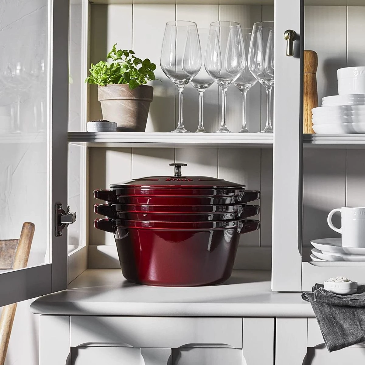 Staub Stackable Cocotte, Braiser, And Grill Pan With Lid | Grenadine 9 Staub Stackable Cocotte, Braiser, And Grill Pan With Lid | Grenadine - Image 9