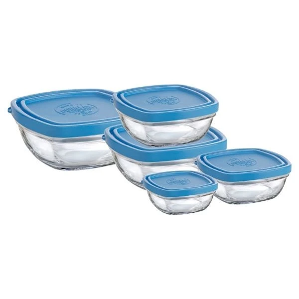 Duralex Lys 5-Piece Stackable Square Glass Bowls With Lids