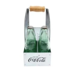 TableCraft 1oz Coca-Cola Salt & Pepper Shakers | Green Tinted Glass With Galvanized Rack