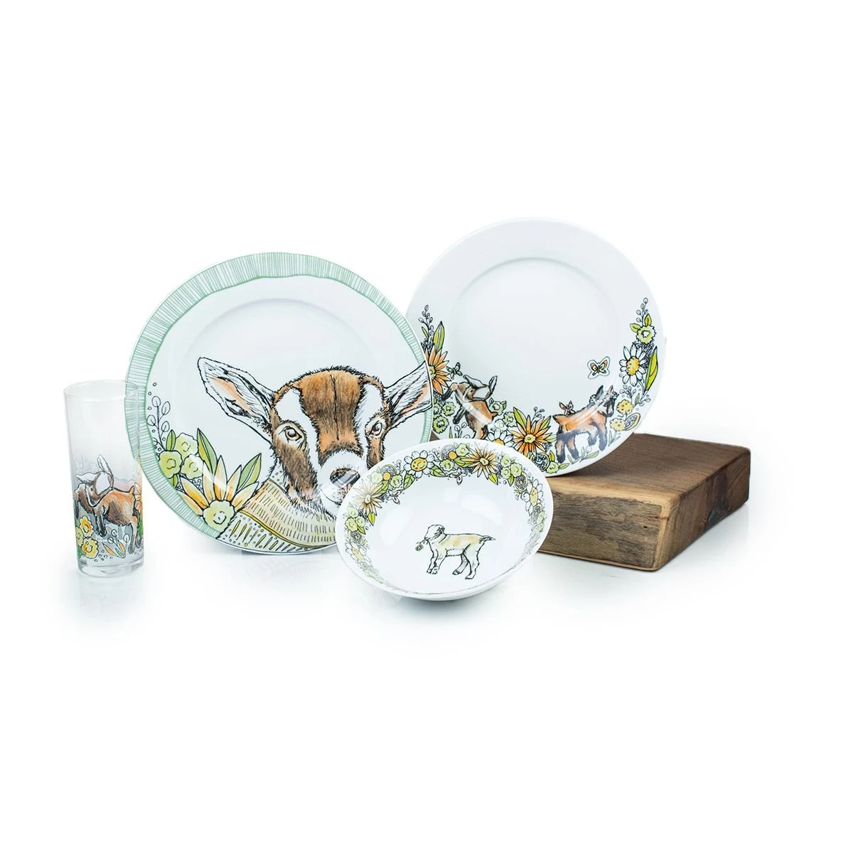 Everything Kitchens Barnyard Baby Animals 16-Piece Dinnerware Set With Glasses | "Caprine Caper Goats" - Kid 1 Everything Kitchens Barnyard Baby Animals 16-Piece Dinnerware Set With Glasses | "Caprine Caper Goats" - Kid