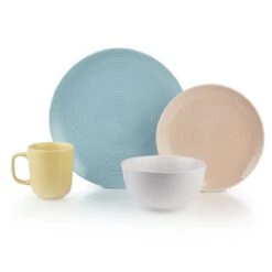 Everything Kitchens Modern Colorful Neutrals - Rippled 16-Piece Dinnerware Set - Glazed | Blue, Blush Pink, Dusty Purple, Butter Yellow