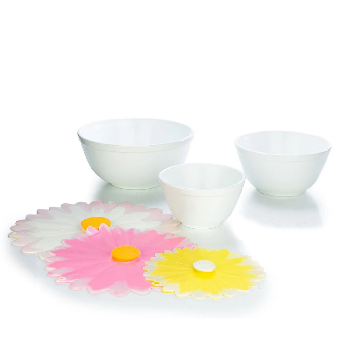 Mosser Glass Mixing Bowl Set With Silicone Lids | White & Daisies 1 Mosser Glass Mixing Bowl Set With Silicone Lids | White & Daisies