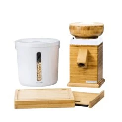 NutriMill Harvest Grain Mill | Powder Sugar White + Cutting Board & Canister Bundle