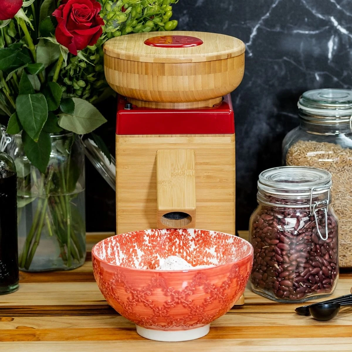 NutriMill Harvest Grain Mill | Cayenne Red Trim 2 NutriMill Harvest Grain Mill | Cayenne Red Trim - Image 2